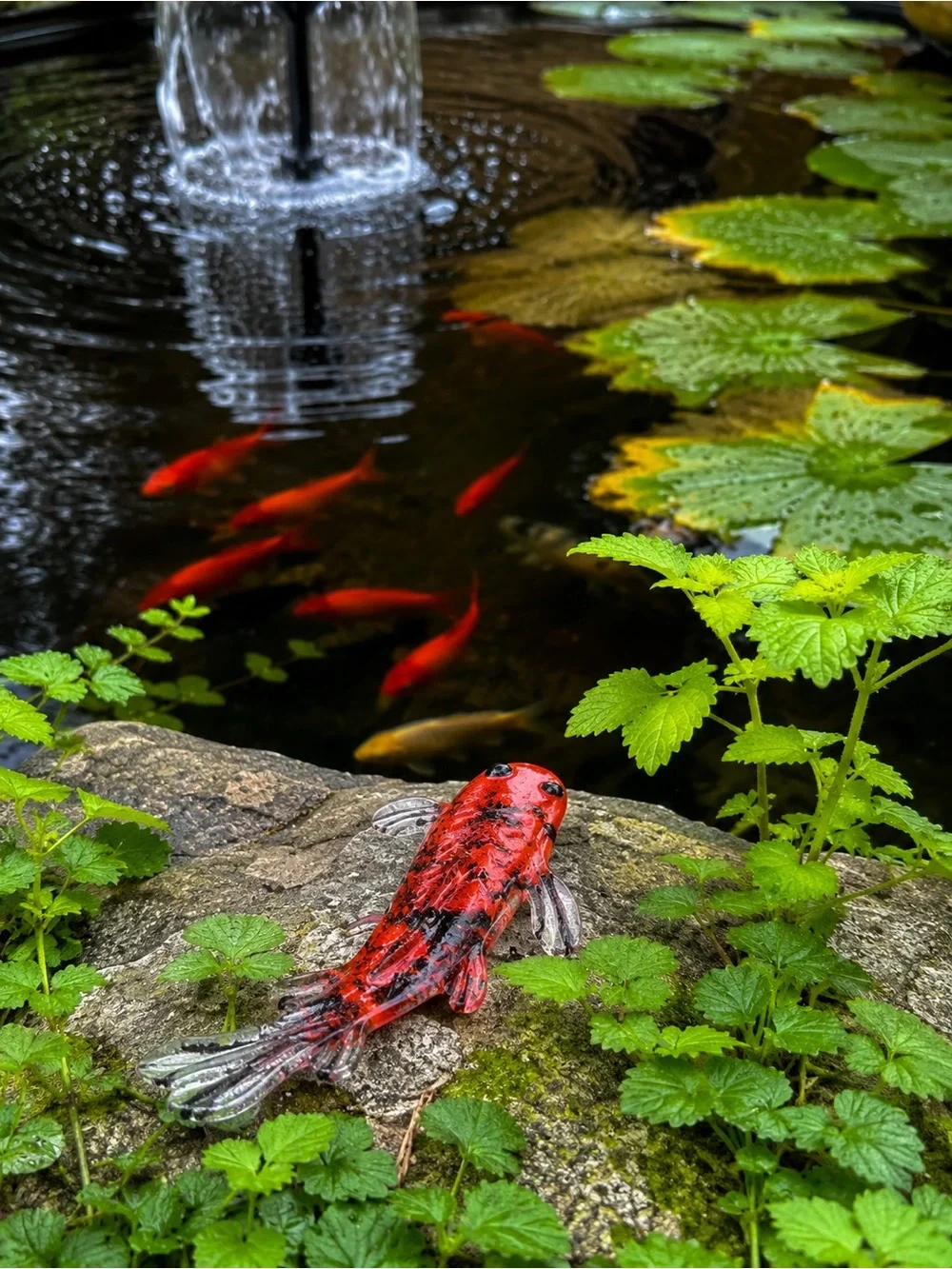 Artisan Fused Glass “Crimson Ember” Koi Garden Art Pond & Garden Sculpture